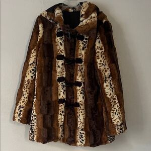 NWOT Dennis Basso Faux Fur Animal Print Reversible Patchwork Penny Lane Coat